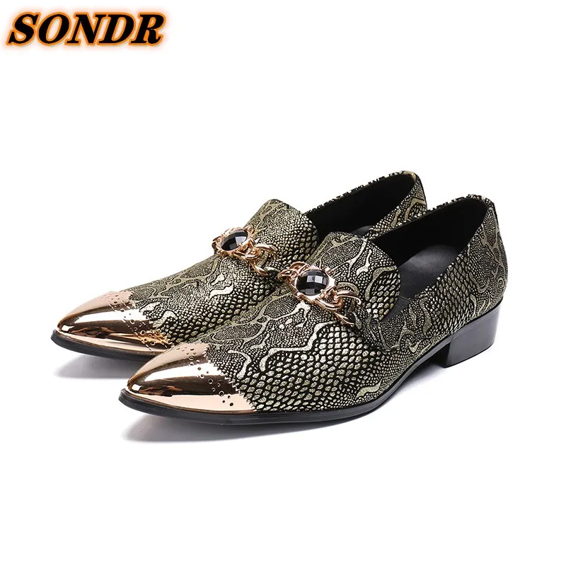 

Gold Men Python Skin Shoes Iron Pointed Toe Genuine Leather Slip On For Men Dress Business Oxford Shoes Zapatos Hombre Vestir