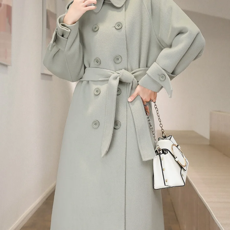 

Fall Winter Woolen Coat Women Elegant Double Breasted Fashion Wool Jacket Female Long Loose Overcoat With Belt Outwear 2023 3XL