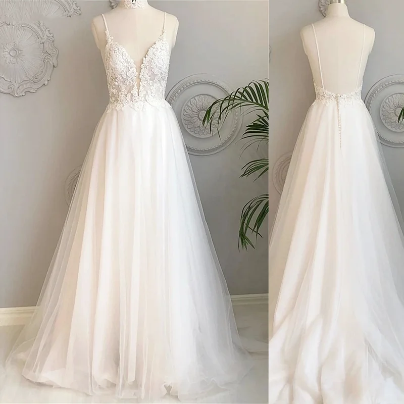 Applique vestido de noite simples marfim senhora cinta de espaguete com decote em v a linha elegante chique para praia vestido de casamento sem costas vestidos