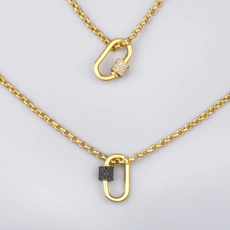 FLOLA Geometric Small Oval Lock Necklace For Women Crystal Gold Plated Chain Screw Clasp Carabiner Necklace Punk Jewelry nker62