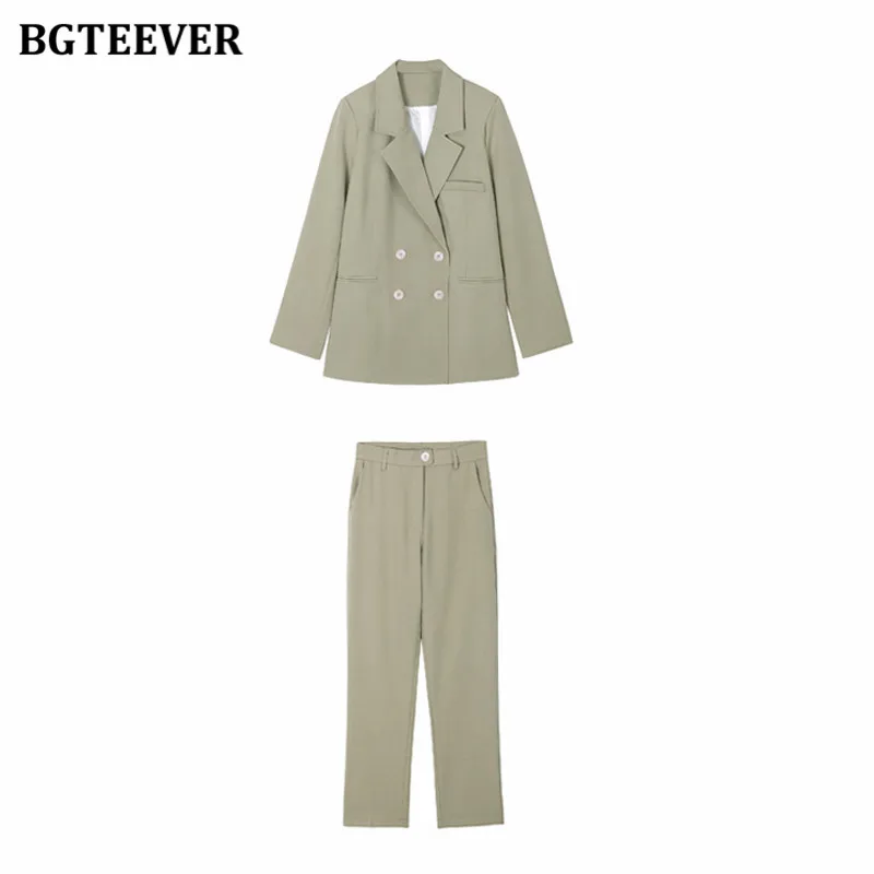 BGTEEVER Vintage Light Green Women Pant Suits Notched Collar Double Breasted Jacket & Straight Pants Ladies 2 Pieces Blazer Set