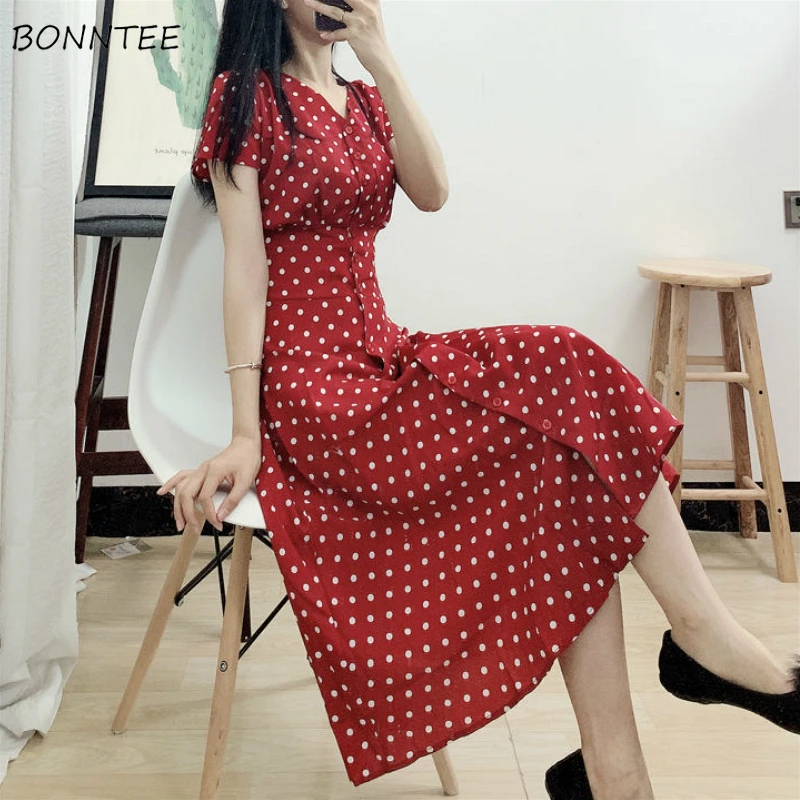 

Dress Women 3XL Cute Dot High Elastic Waist Slim Vintage Korean Femme Beach Dresses Chiffon Summer V-Neck Notched Womens Vestido