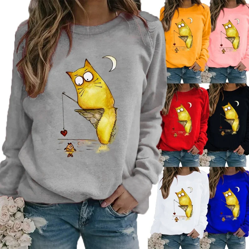 

Winter Fashion Women Clothing Cartoon Printed Casual Sweatshirt Long Sleeve Tops T-shirt Ladies Round Neck Pullover Blouse