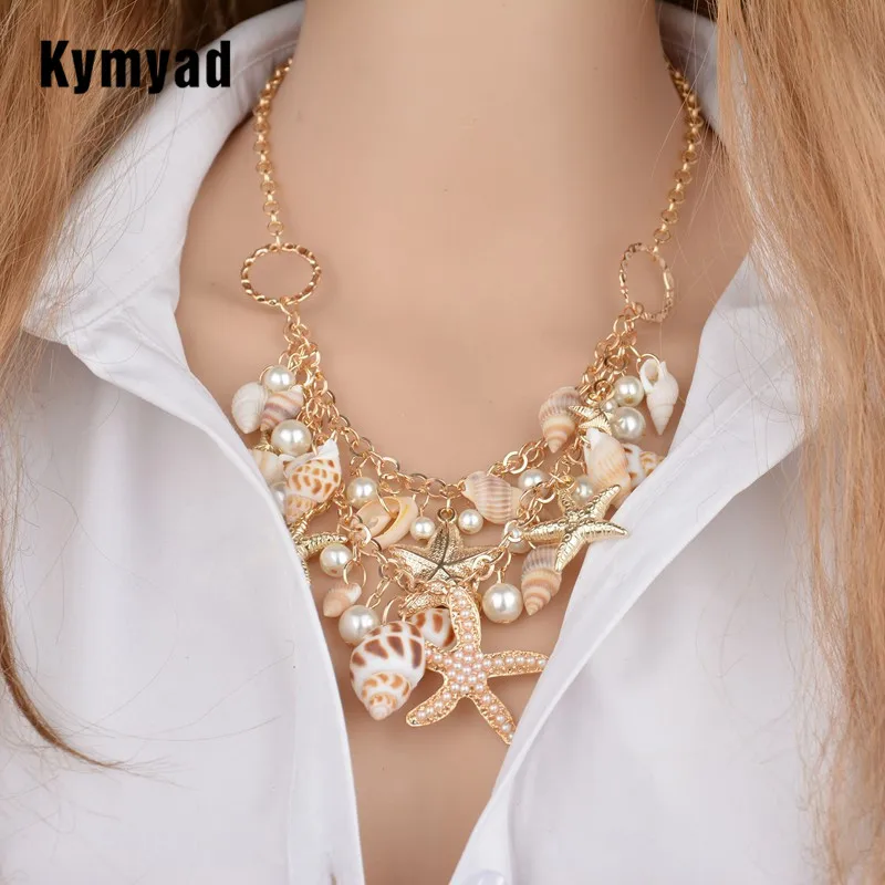 Kymyad Bohemian Necklace Women Shell Star Pendant Necklaces Bracelets Sets Chains Collier Femme Statement Necklace Bracelet