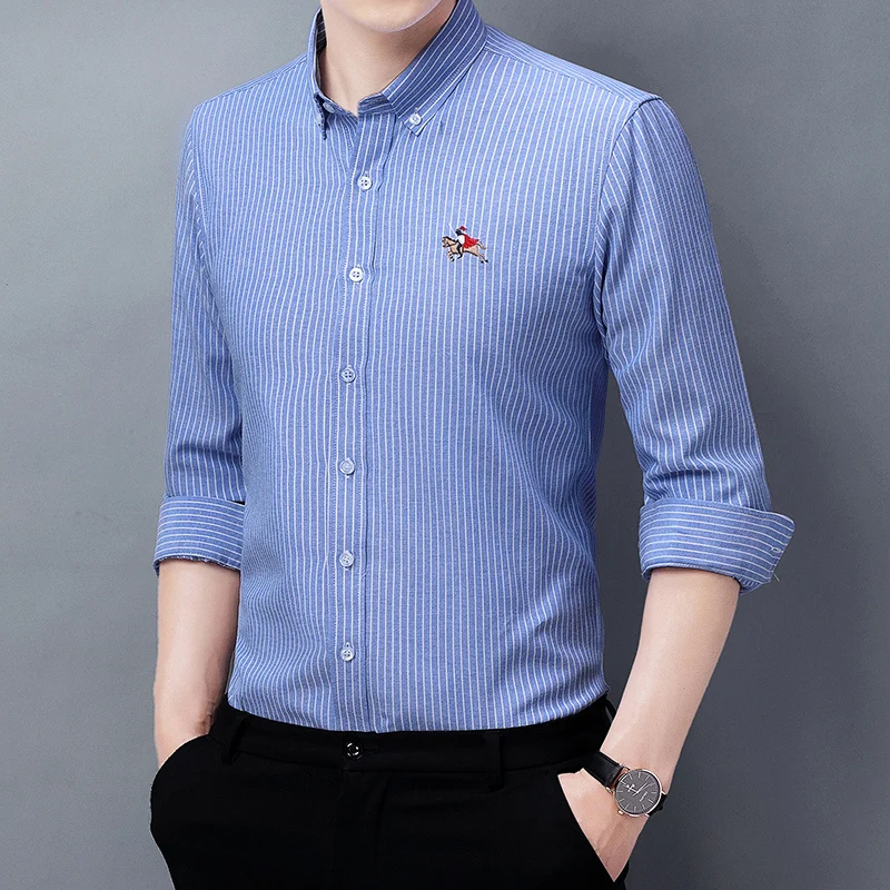 Men's Pop Stripe Embroidered Logo Long-sleeved Shirt Classic Business Design Casual Workwear Shirt High-quality Men's Clothing