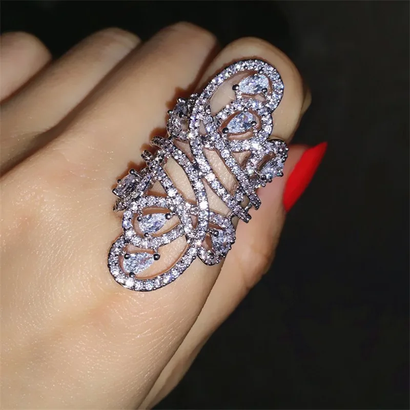 Long line White Gold Filled ring Pave Diamond Jewelry Engagement Wedding band Rings for Women Bridal Party accessory