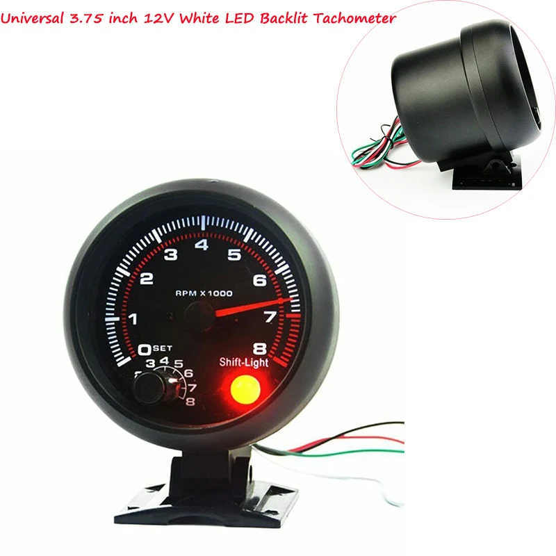 

Universal for Auto Gasoline Car, 0-8000 RPM 3.75 inch 12V White LED Backlit Tachometer Gauge with Red Shift Light Accessories