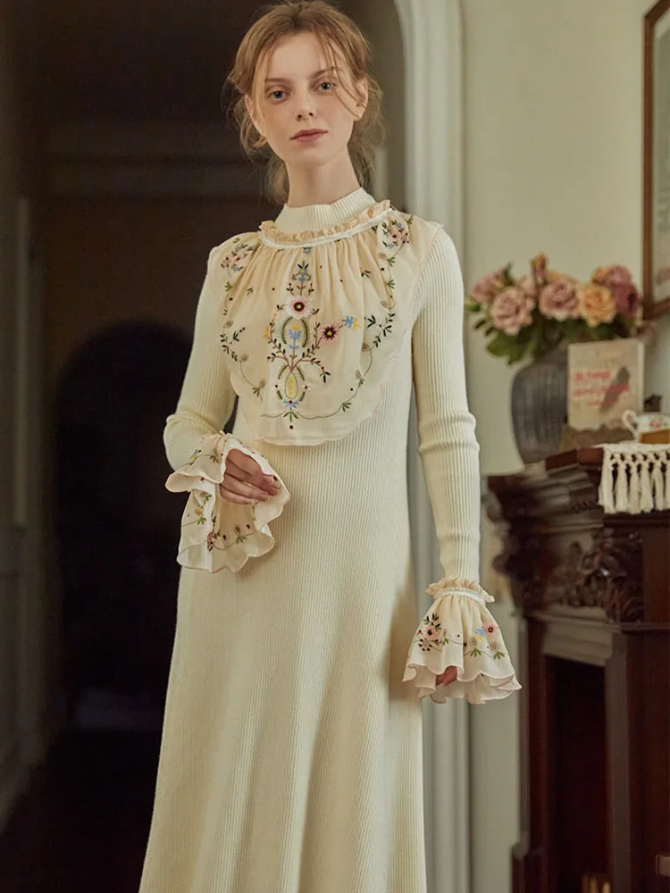 Dresses Women Vintage French Embroidery Mori Girls Dress Korean Fashion Elegant Slim Sweet Flare Sleeve Wool Knitted Maxi Dress