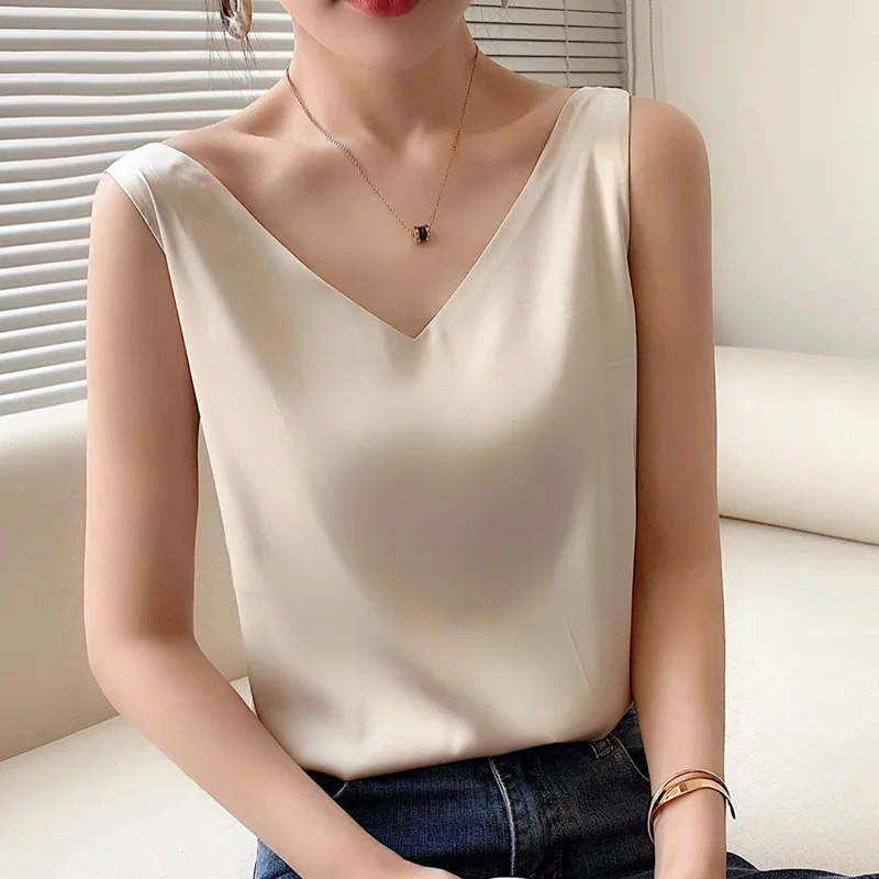 Strap Top Women Halter V Neck Basic White Cami Sleeveless Satin Silk Tank Tops Women\'S Summer Camisole