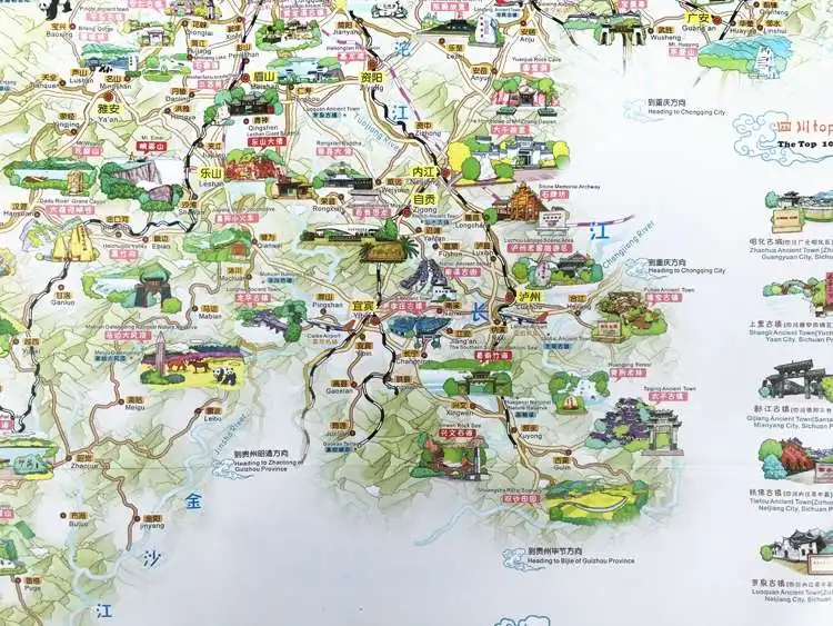 Mapa turístico de Sichuan, mapa chino e inglés, mapa de turismo dibujado a mano