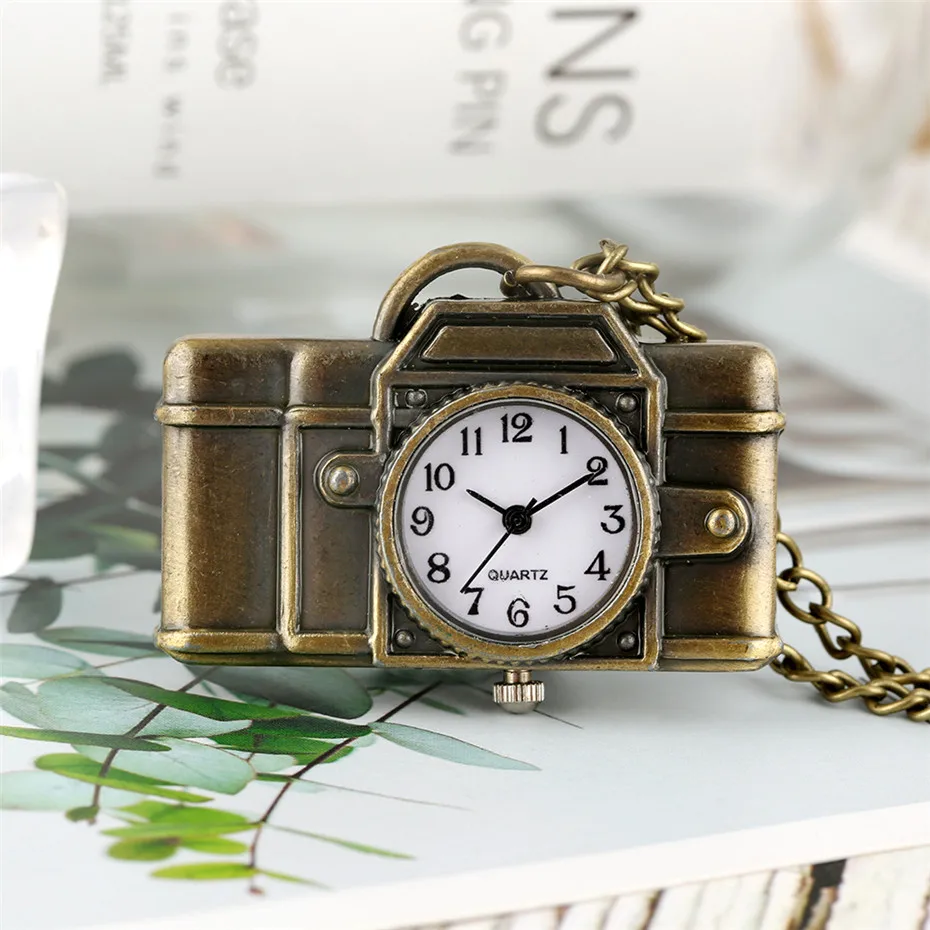 Vintage Bronze Camera Shape Arabic Numerals Display Quartz Pocket Watch Mini Pendant Clock Fob Sweater Chain Gifts for Kids