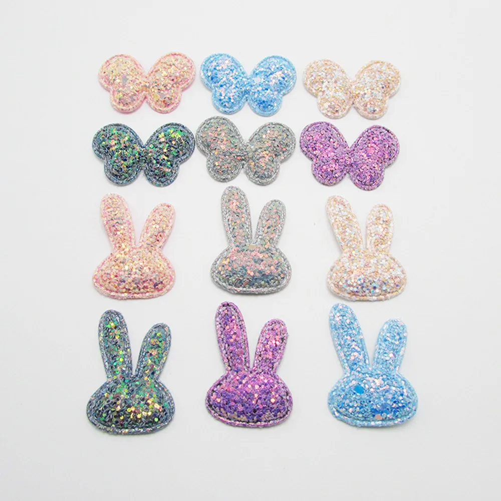 100PCS/Lot Glitter Rabbit Butterfly Padded Applique Crafts bunny for Children Headwear Hair clip  and Garment Accessoires