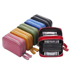 Tarjetero de cuero genuino con doble cremallera para mujer, Cartera de moda, estuche para tarjetas de crédito, bolso