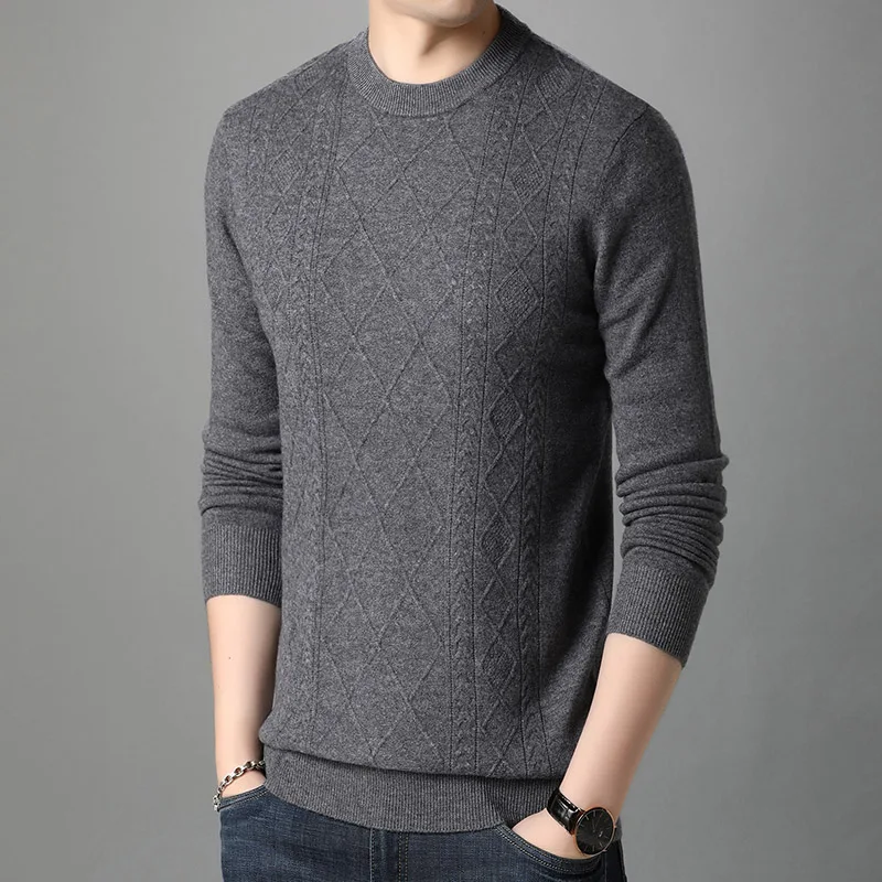 

High Quality Man Cashmere Sweater Autumn Winter Male Argyle Sweater O-Neck Casual 100% Wool Sweater Long Sleeve