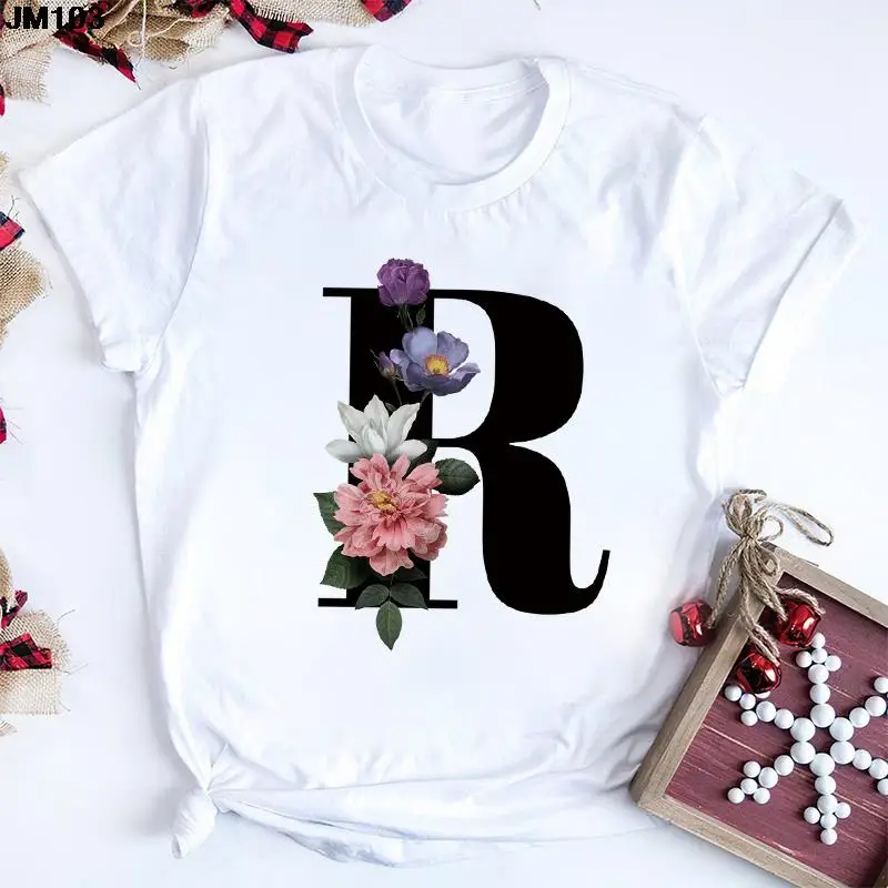 

Harajuku Letter Print Women Tshirt A To Z Alphabet Combination Flowers Short Sleeve Casual Korean Style Female Clothing Tops Tee