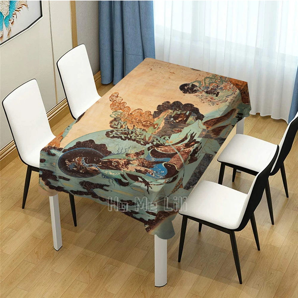 Dunhuang Frescoes Design Rectangle Tablecloth Picnic Bbq Kitchen Dining Decoration