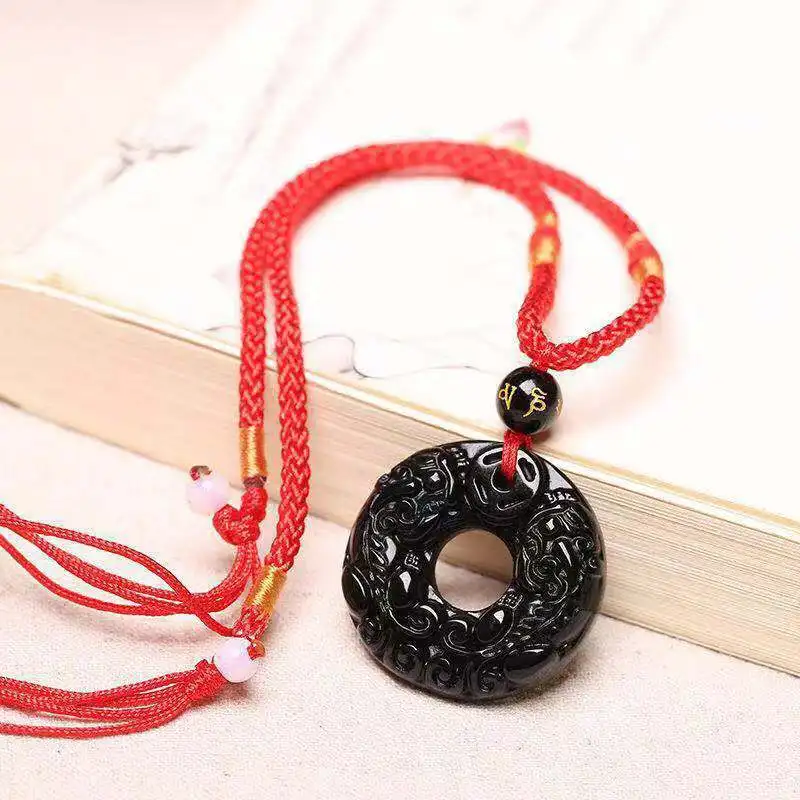 Natural Black Obsidian Hand Carved Chinese Pixiu Phoenix BaGua Lucky Amulet Peace Mascot Pendant Necklace For Women Men