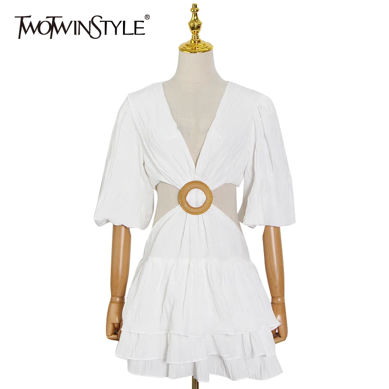 TWOTWINSTYLE White Sexy Dress For Women V Neck Lantern Half Sleeve Hollow Out High Waist Mini Dresses Female Summer New Clothing