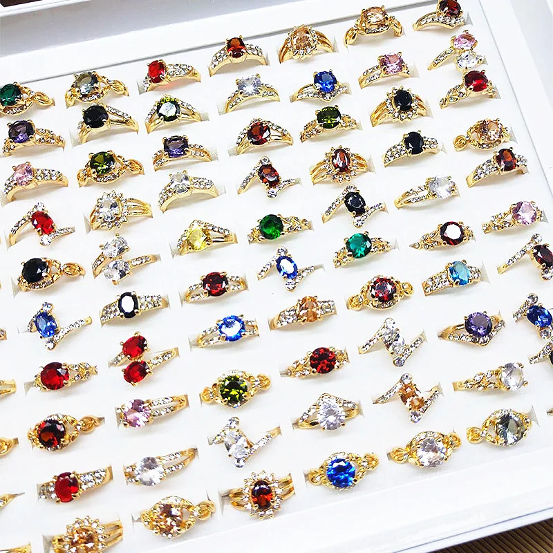 MixMax 20pcs/lot Women Rings colorful Zircon Stone Shiny Rhinestone Gold Plated Fashion Jewelry For Wedding