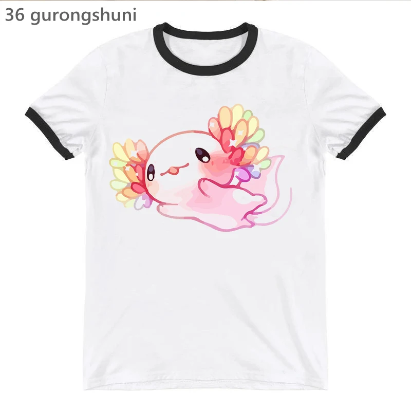 

Rainbow Kawaii Axolotl Print T-Shirt Women'S Clothing Funny Tshirt Femme Summer Fashion Tops Tee Shirt White T Shirt Female