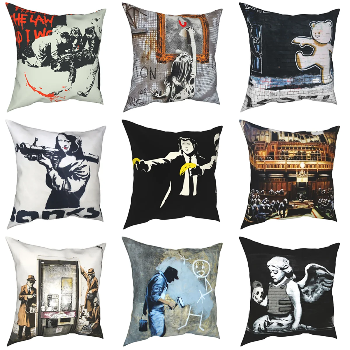 Banksy Graffiti Street Art Pillowcase Cushion Cover Decorations Spray Paint Commentary Throw Pillow Case Cover Seat 45*45cm