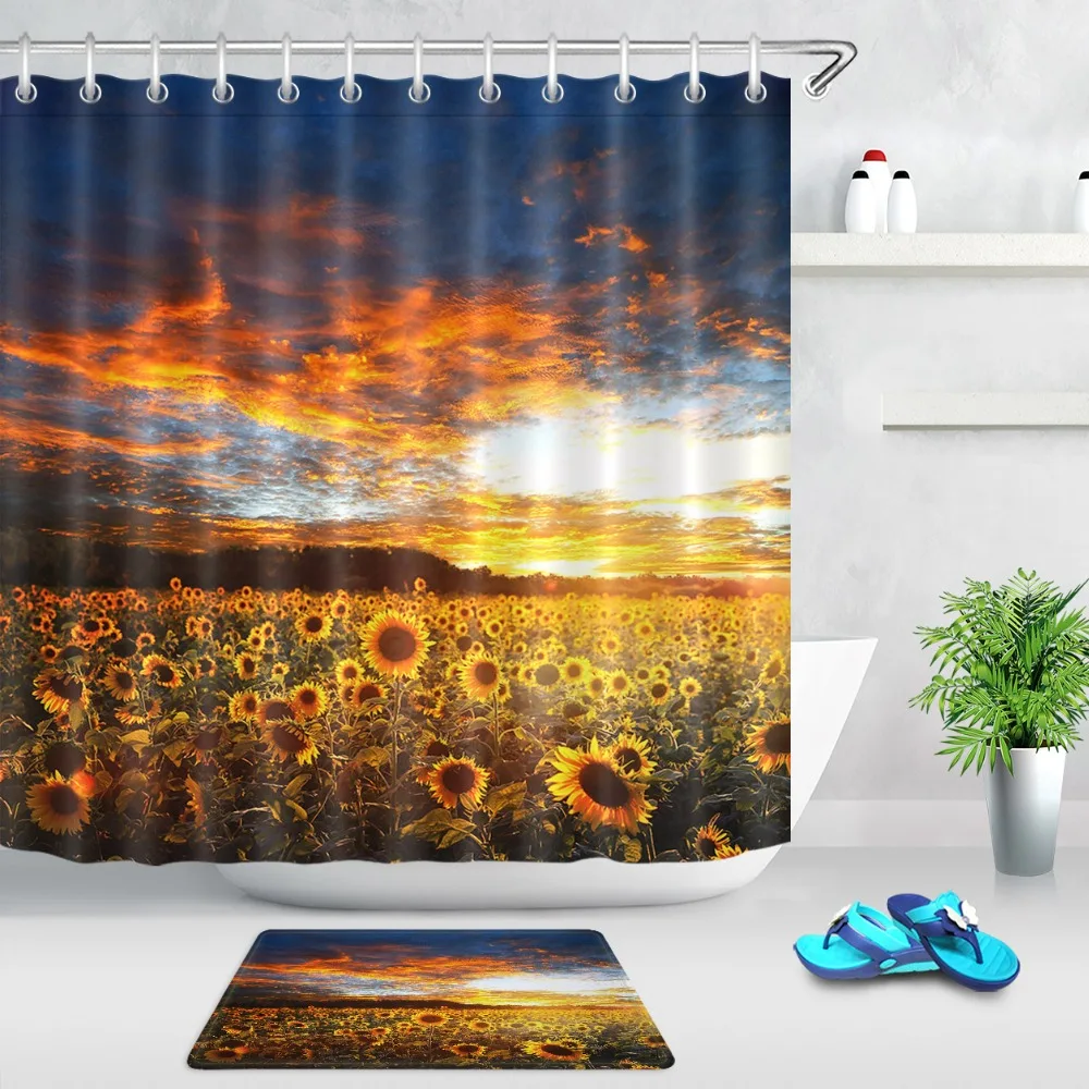 Blue Sky Yellow Flower Sunset glow Sunflower Shower Curtain 12 Hooks Sets Kids Bathroom mat  Waterproof Polyester Cloth Fabric