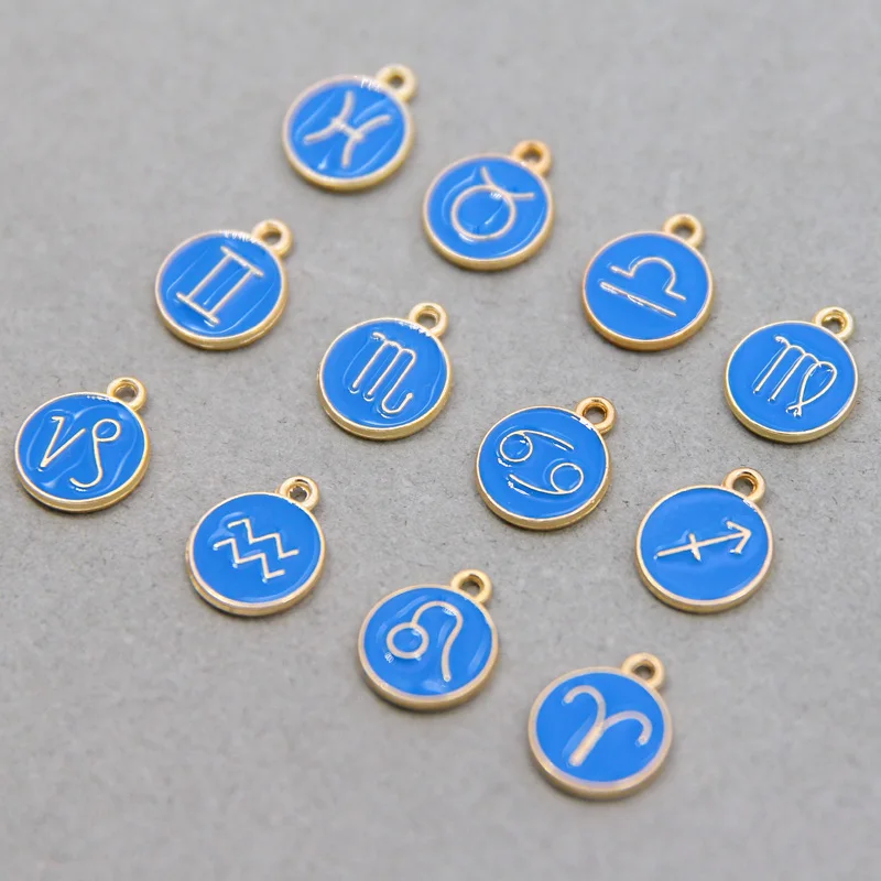 12pcs lega a doppia faccia 12 costellazione lago smalto blu Charms segno zodiacale pendenti collana fai da te per gioielli che fanno Accessori