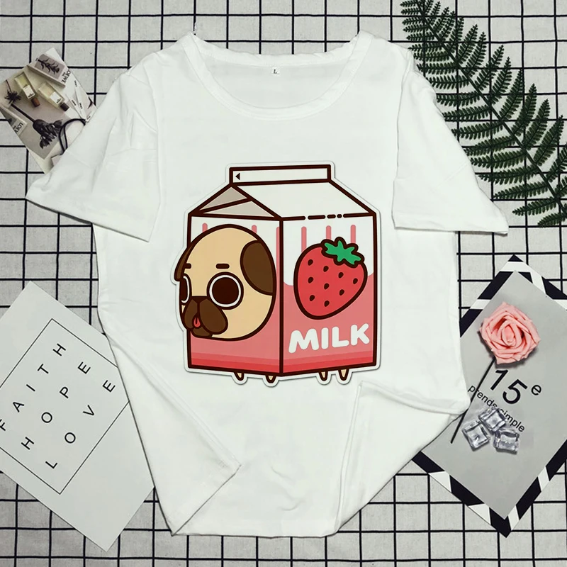 

White T-shirt Women Cartoon Strawberry juice Japanses Aesthetic Grunge T Shirt Harajuku Cute Kawaii Summer Casual Tshirt Tops