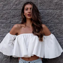 Women Long Sleeve Womens Summer Tops Ruffle Blouse Shirt Women Korean Style Shirt Cotton New Sexy Women Strapless Top