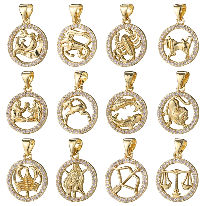 10 Pcs\lot DIY 12 Constellations Necklace Pendants Cubic Zirconia Mosaic Charm Pendant Jewelry Accessories For Necklaces Making