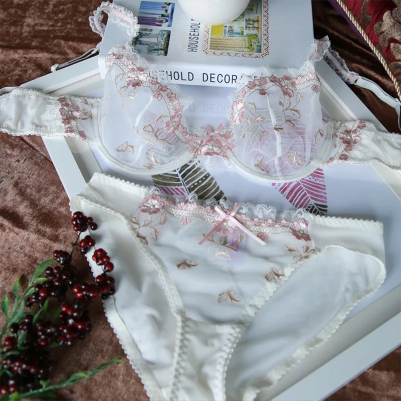 Sexy Lingerie Exquisite Embroidery Lotus Ultra-thin Sexy Large Size Lingerie Ladies Lace Transparent underwear bra set