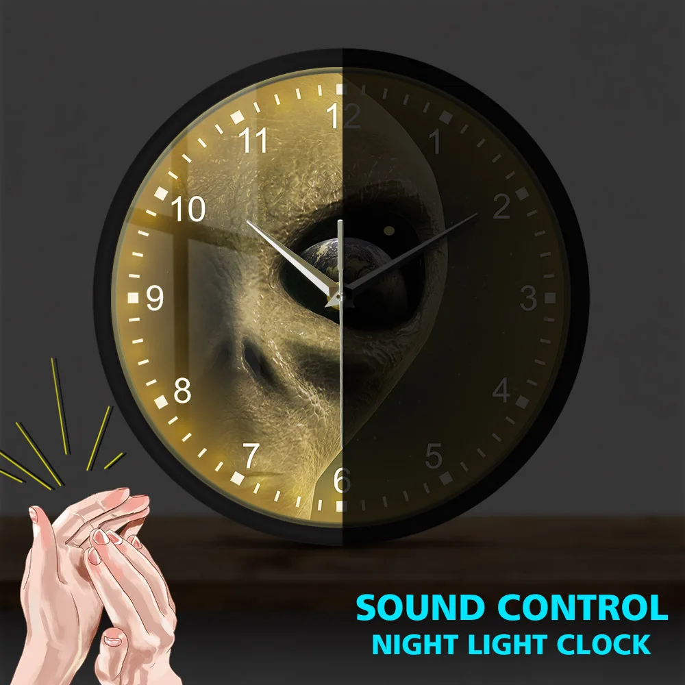 Mystical Outer Space Planet Alien Sound Activated Wall Clock Extraterestrial Sound Control Timepiece Saucer Man Design