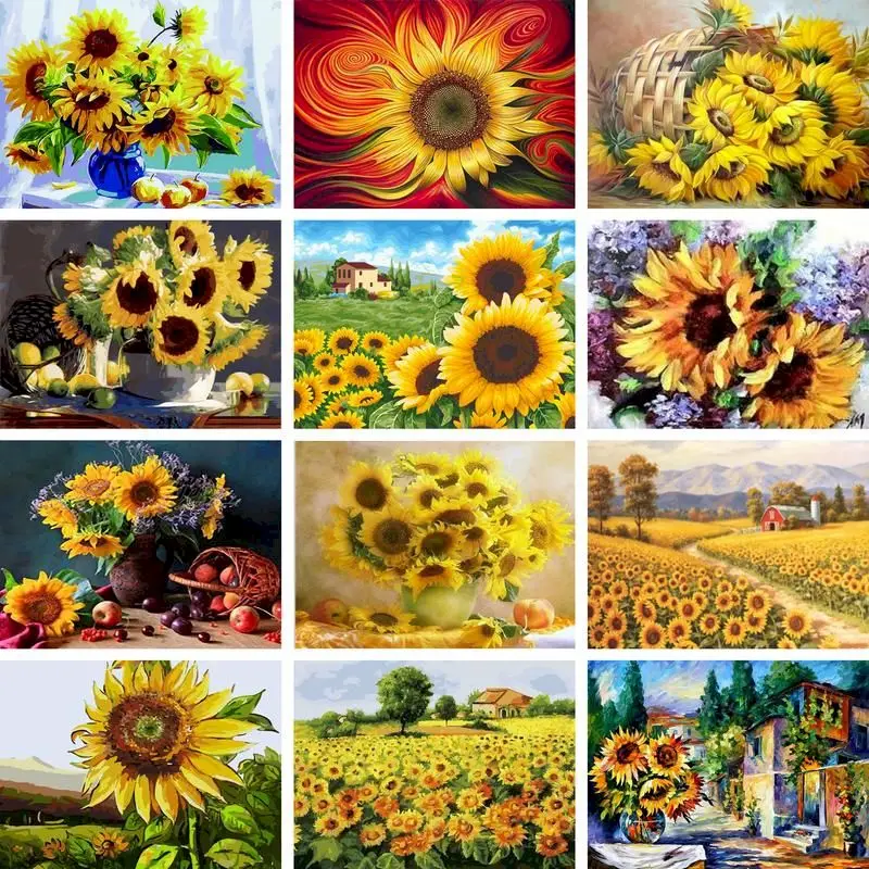 

Gatyztory Framed Sunflower DIY Painting By Numbers For Adults HandPainted Oil Painting Canvas Colouring Unique Gift Home Decor