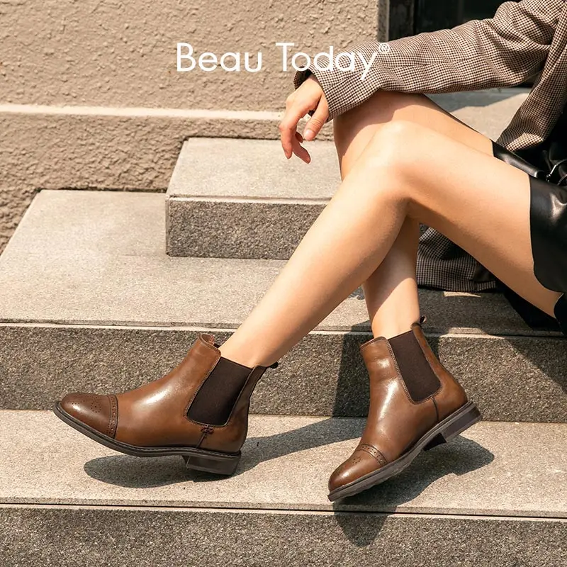 BeauToday Chelsea Boots Women Genuine Cow Leather Half Brogues Round Toe Elastic Band Ladies Ankle Boots Handmade 03638