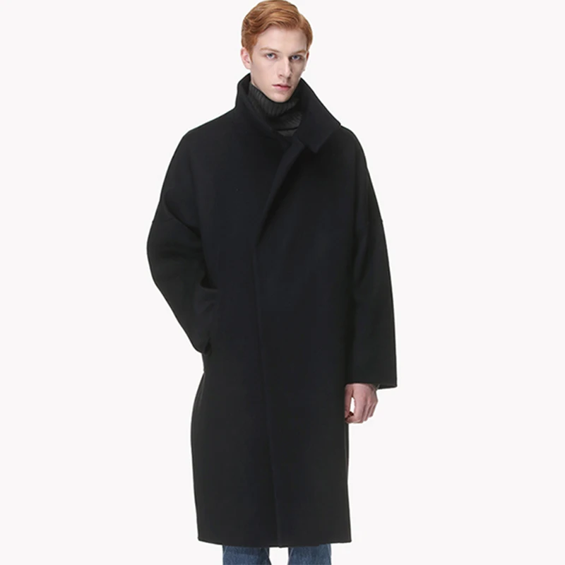 

Men's woolen trench coat 2020 winter street shooter black loose long simple coat woolen coat