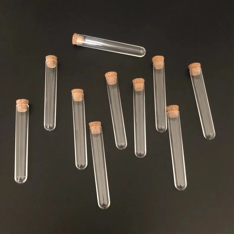 50 pieces/lot 12*60 13*78 12*100 15*100 All Sizes Plastic test tube with Cork Cap Transparent Hard Plastic tubes