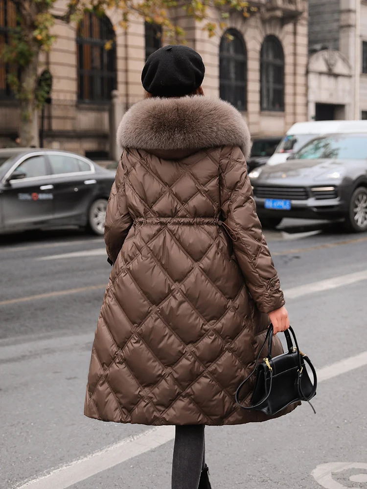 Chaqueta de plumón de longitud media para mujer, abrigos ajustados con cordón y cuello de piel de zorro Real, prendas exteriores gruesas informales para mujer, Invierno