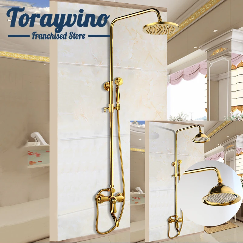 

gold shower faucet torneira banheiro brass wall mount rainfall spray head shower with hand shower bathroom luxury shower system