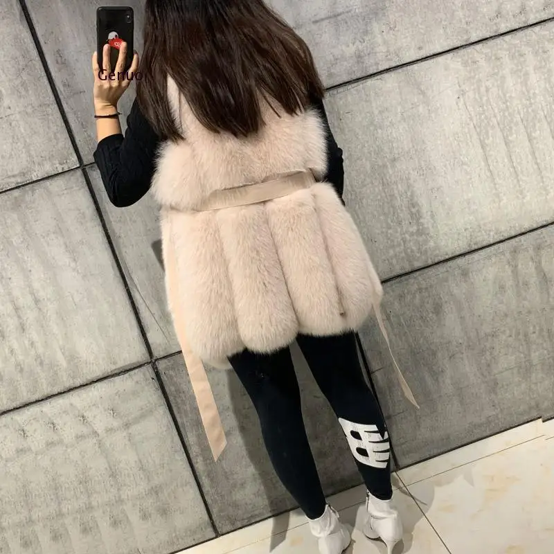 Fluffy Faux Fox Fur Coat Fake Fox Fur Vest Ladies Fur Coats with Leather Belt Women Winter Fashion Jacket Thick Warm Overcoat