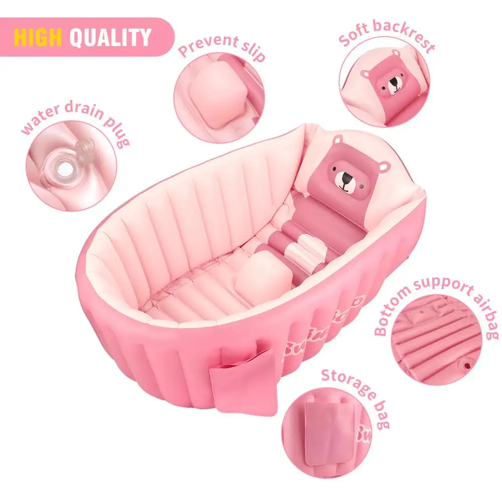 Inflatable Baby Bathtub Chair Cute Bear Infant Bathing Seat Tubs Non Slip Swimming Pool Toddler Portable Foldable Shower Basin w