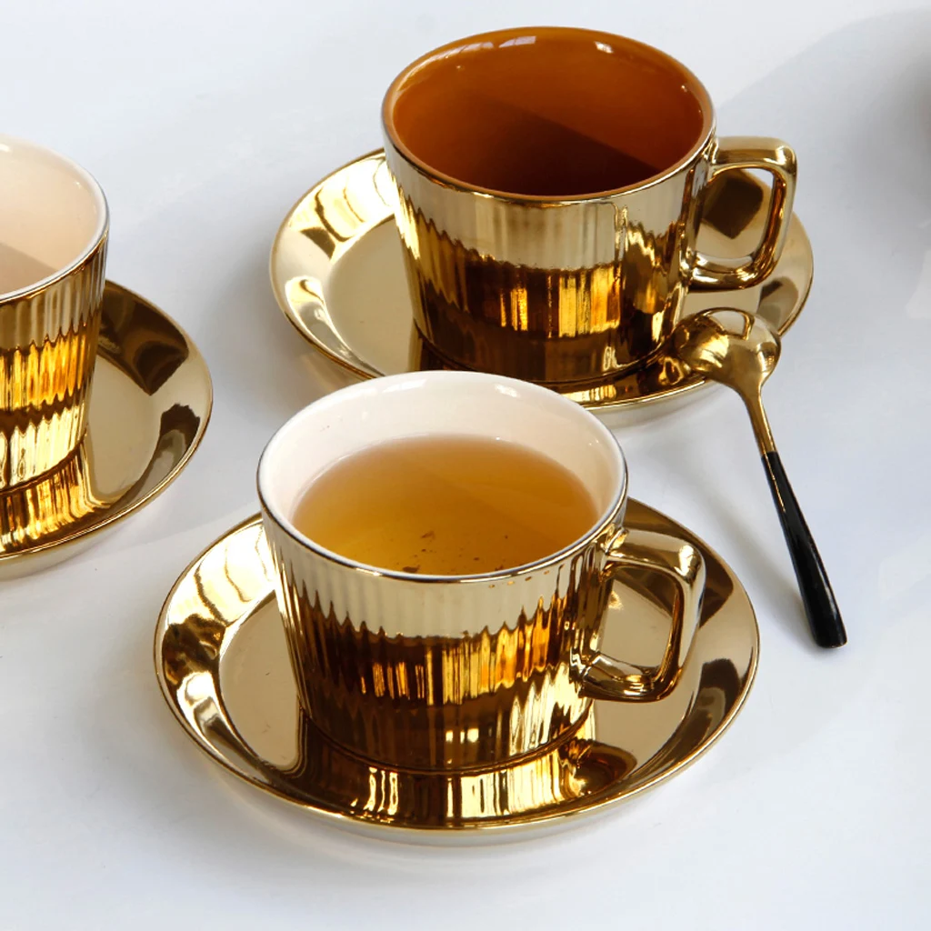 250ml Gold Plated Saucer Set Ceramic Tea Coffee European Style Espresso Office Tumbler Cup Picnic Birthday Wed Anniversary Gift