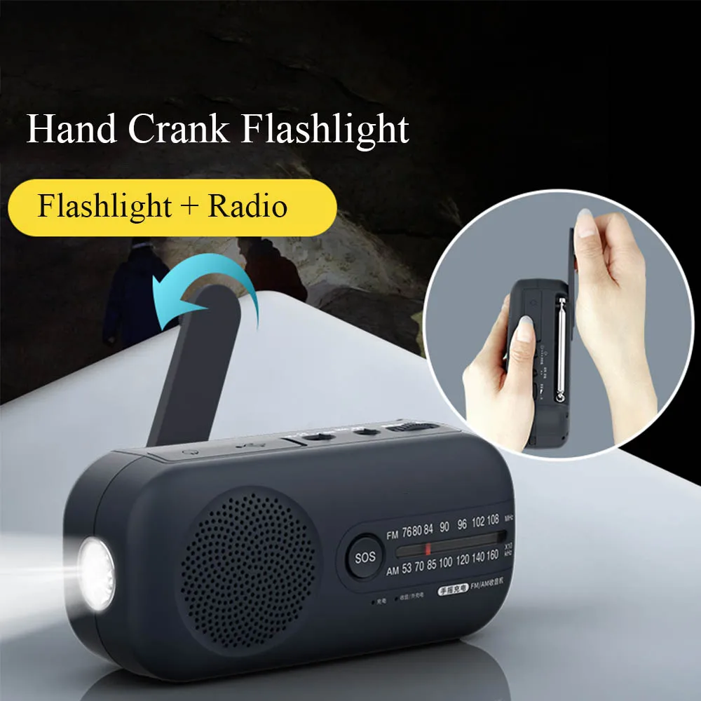 Mini Portable Flashlights Elder Home SOS Alarm Radio Hand Crank Lamp Rechargeable Camping Dynamo Flashlight With Power Bank