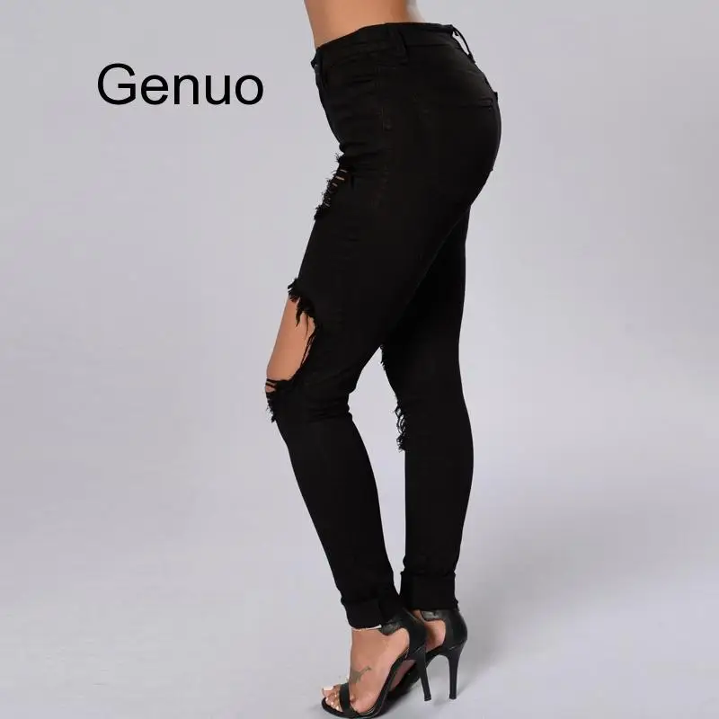 Black Ripped Jeans For Women Denim Pencil Pants Trousers High Waist Stretch Skinny Jeans Torn Jeggings  Clothing