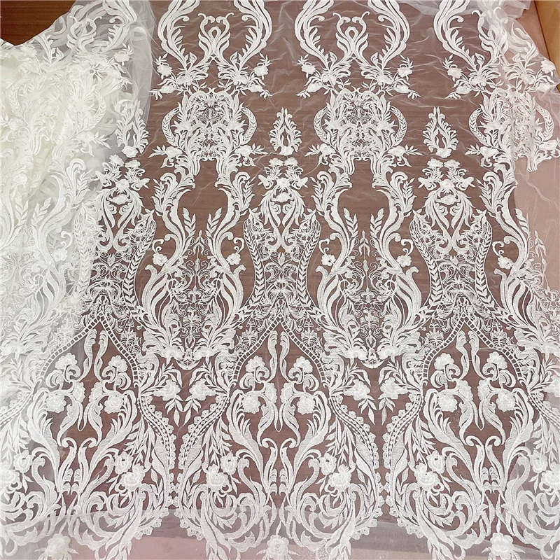 LFY New Style  Off White High Quality Bridal Wedding Dress Mesh Embroidery Lace Fabric 1 Yard