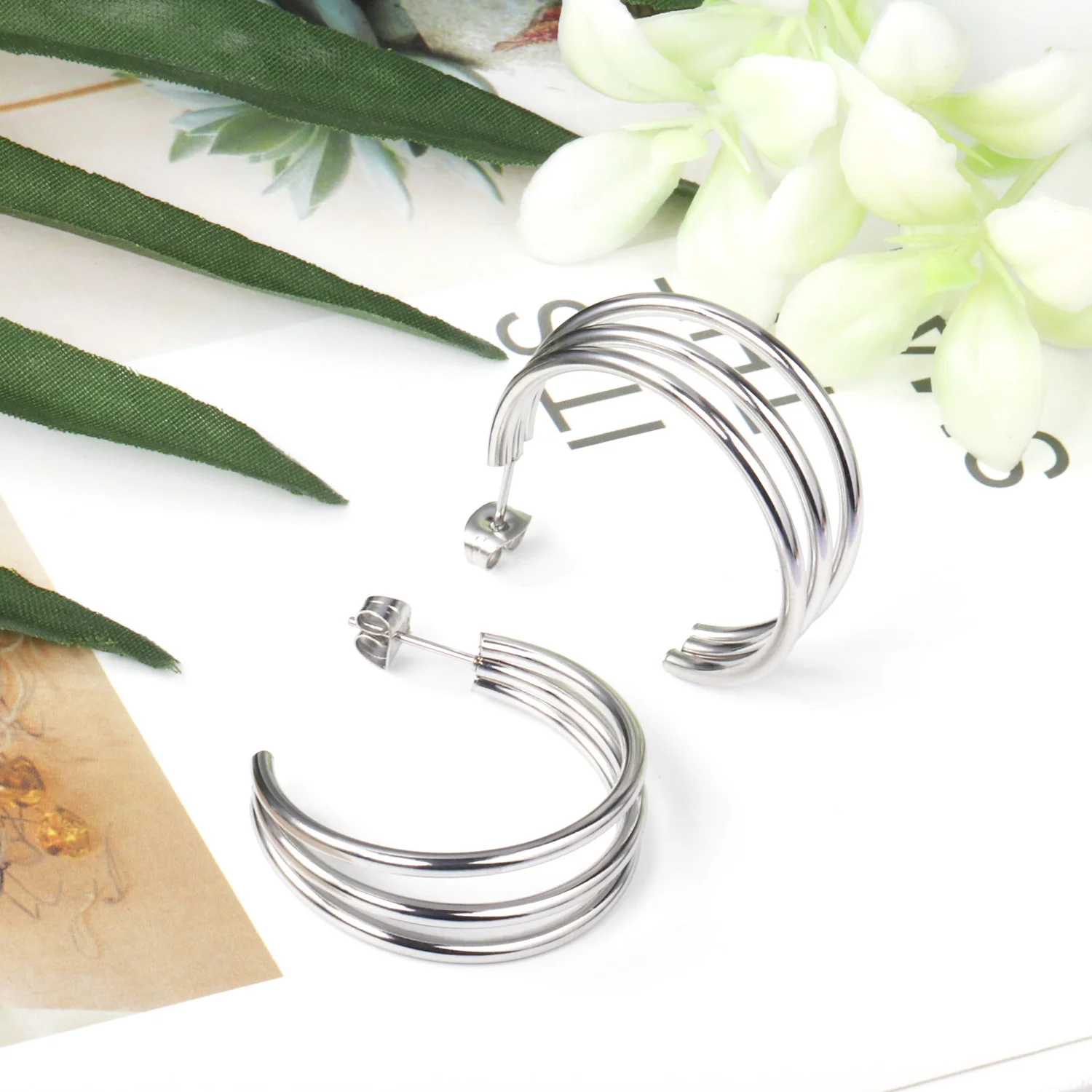 LUXUSTEEL inoxidable Multilayer Tube Hoop Earrings New Golden silvery Female Stud Earring Fashion Jewelry Wedding