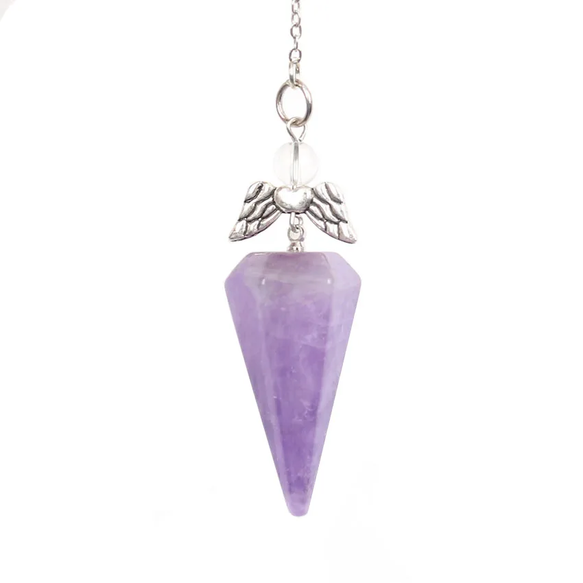 FYSL Silver Plated Hexagon Pyramid Amethysts Stone Pendant with Angel Wing Opalite Opal Pendulum Jewelry