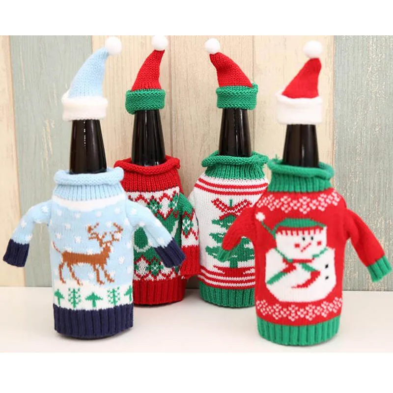 Christmas Decorate Red Wine Beer Knitting Sweater Bottle Sets Cover Family Hotel Restaurant Used 4pcs /lot
