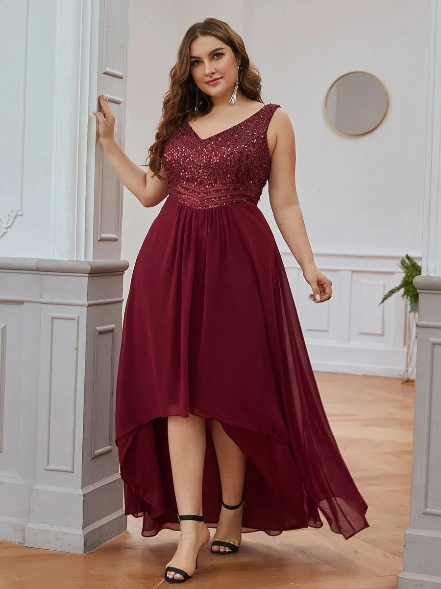 Plus ขนาดชุดราตรี V-Neck A-Line เลื่อมยาวชุด2023 Pretty Burgundy Elegant พรหมชุด wome