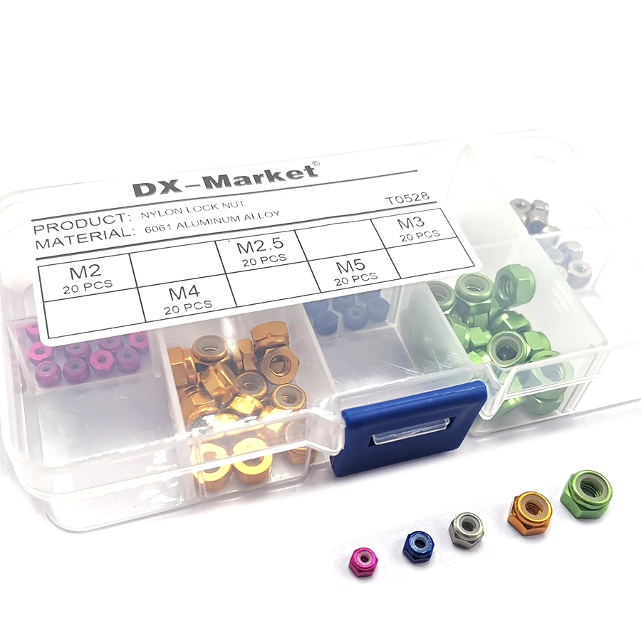 M2 M2.5 M3 M4 M5 nylon lock nuts kit 100 pieces ,6061 aluminum alloy high quality model fitting nut , aluminum nuts kit ,B065