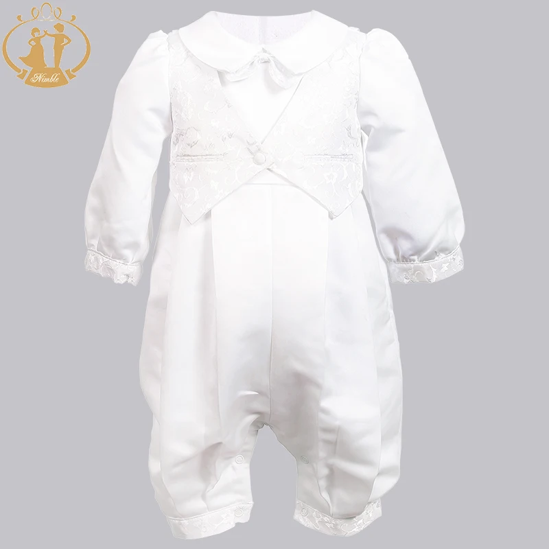 Newborn Baby Boy Baptism Outfits Clothes Cotton Broadcloth Single Breasted Solid Full Sleeve Set Bow Lace Christening Gown